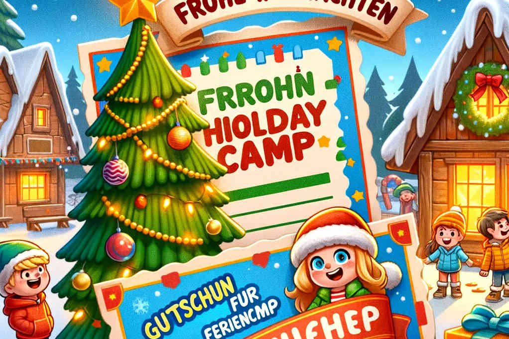 Hier wird in einem Cartoon Bild ein Guschein über ein Feriencamp unter einem Weihnachtsbaum mit vielen Geschenken für Kinder in den WEihnachtsferien verschenkt