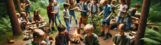 Sommercamps mit Survivalskills im Wald kann man z. B. Feuer machen lernen, Essen zu finden und einen Unterschlupf zu erbauen