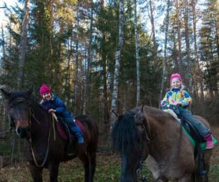 zwei-kinder-sitzen-im-wald-auf-pferden