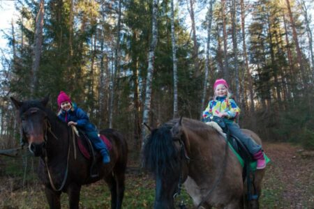 zwei-kinder-sitzen-im-wald-auf-pferden