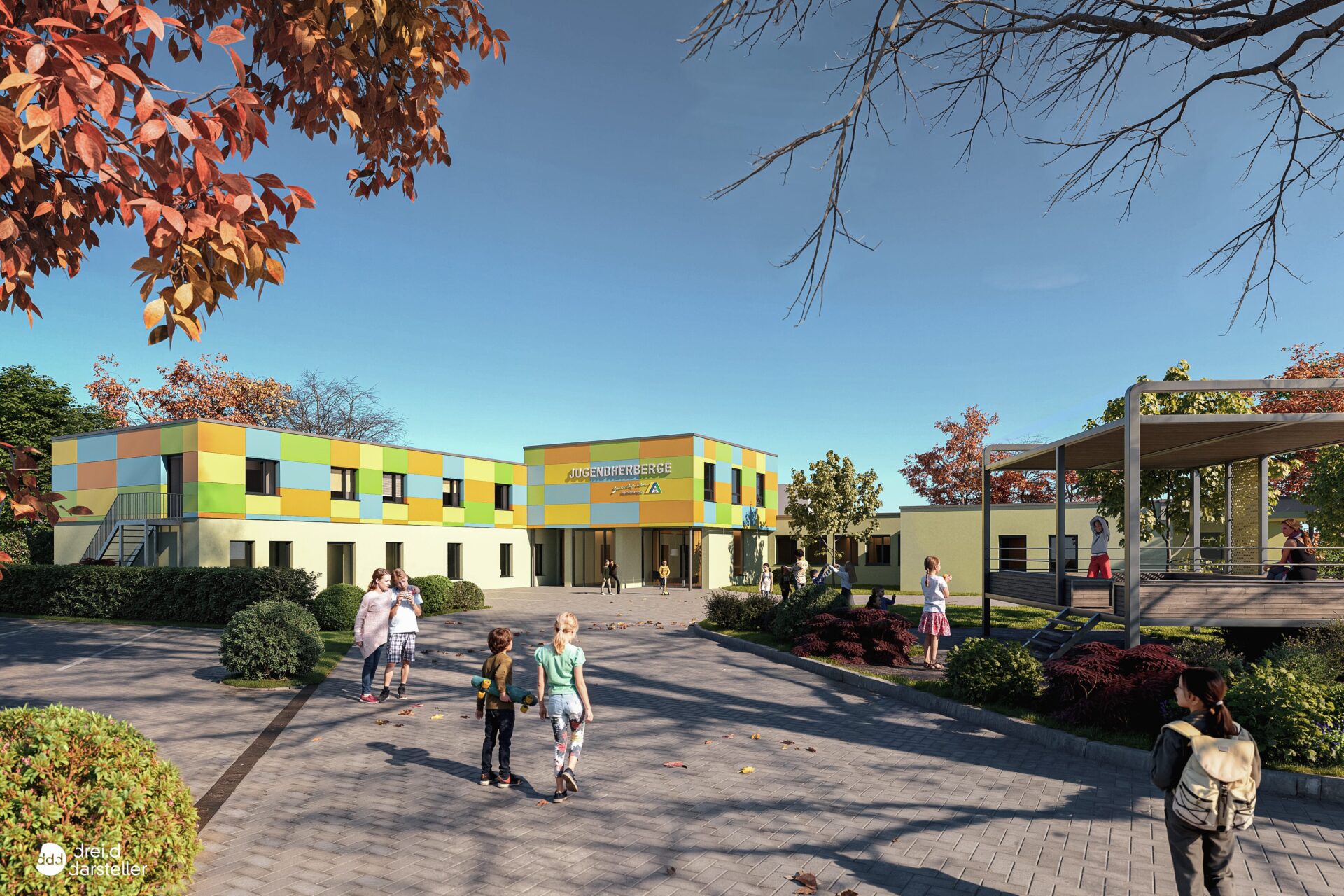 Unterkunft-cappenberger-see-mit Kindern-spielend-im-vordergrund-frontalansicht